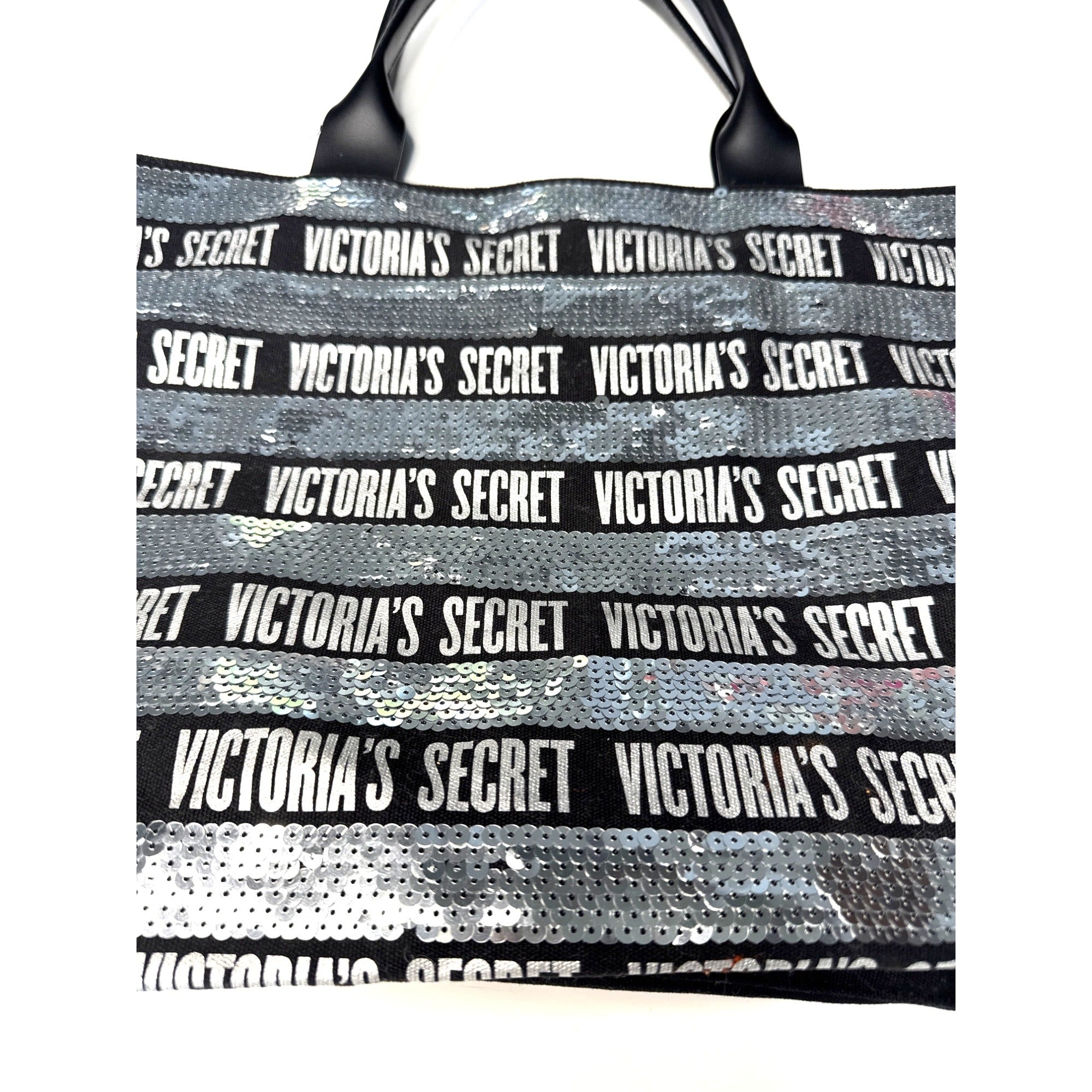 Victorias Secret Large Sequin Tote Bag Black & Silver With Zip Closure