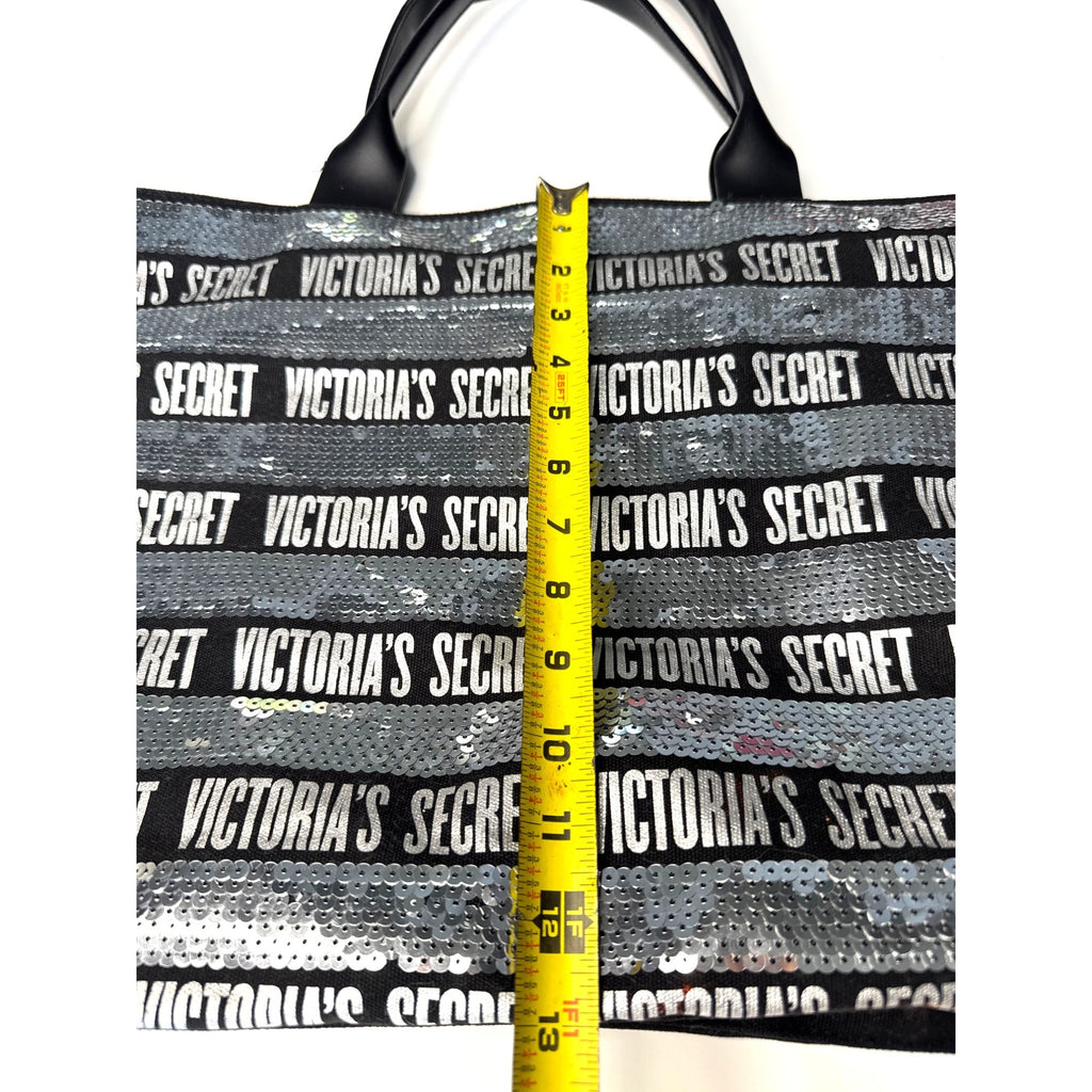 Victorias Secret Large Sequin Tote Bag Black & Silver With Zip Closure