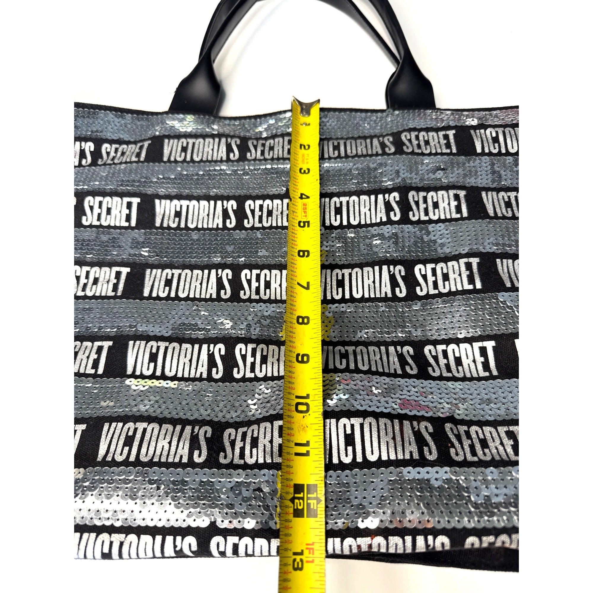 Victorias Secret Large Sequin Tote Bag Black & Silver With Zip Closure