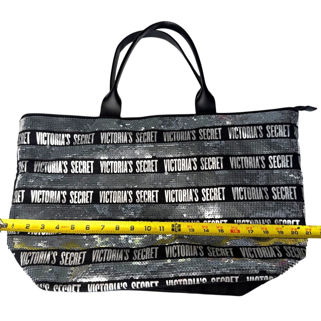 Victorias Secret Large Sequin Tote Bag Black & Silver With Zip Closure
