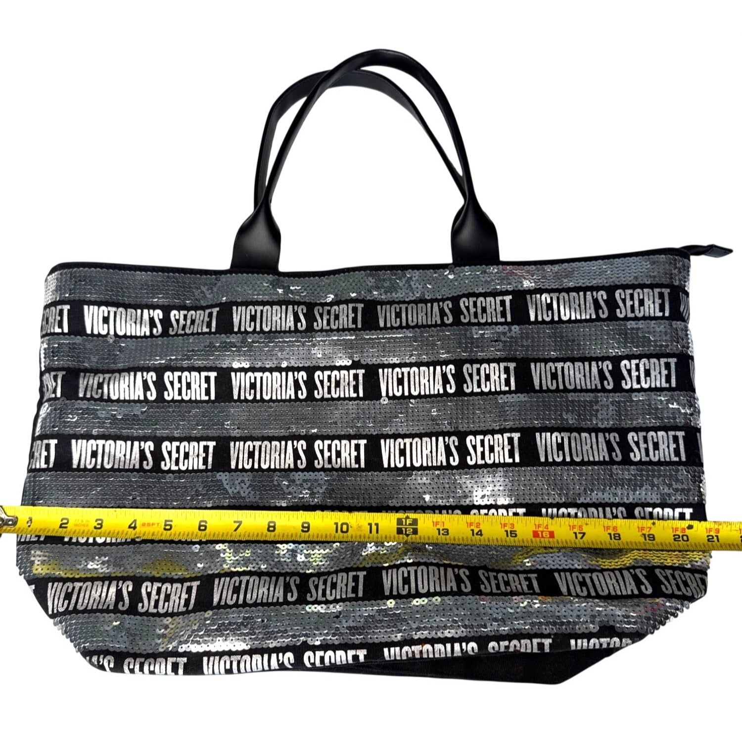 Victorias Secret Large Sequin Tote Bag Black & Silver With Zip Closure