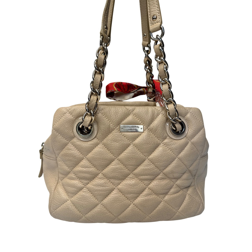 Kate Spade Quilted Beige Leather Shoulder Bag With Chain Straps & Red Scarf Accent - Chic & Functional Everyday Handbag