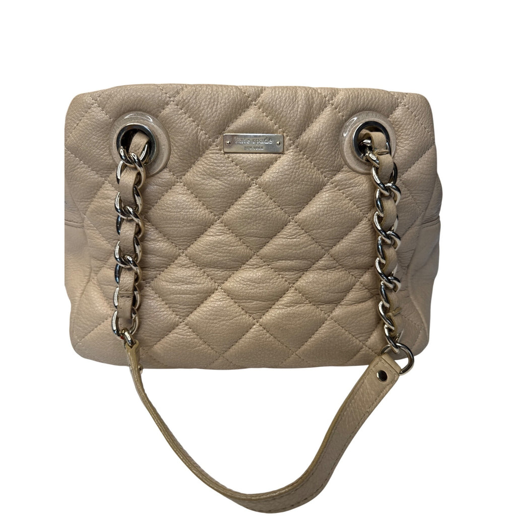 Kate Spade Quilted Beige Leather Shoulder Bag With Chain Straps & Red Scarf Accent - Chic & Functional Everyday Handbag