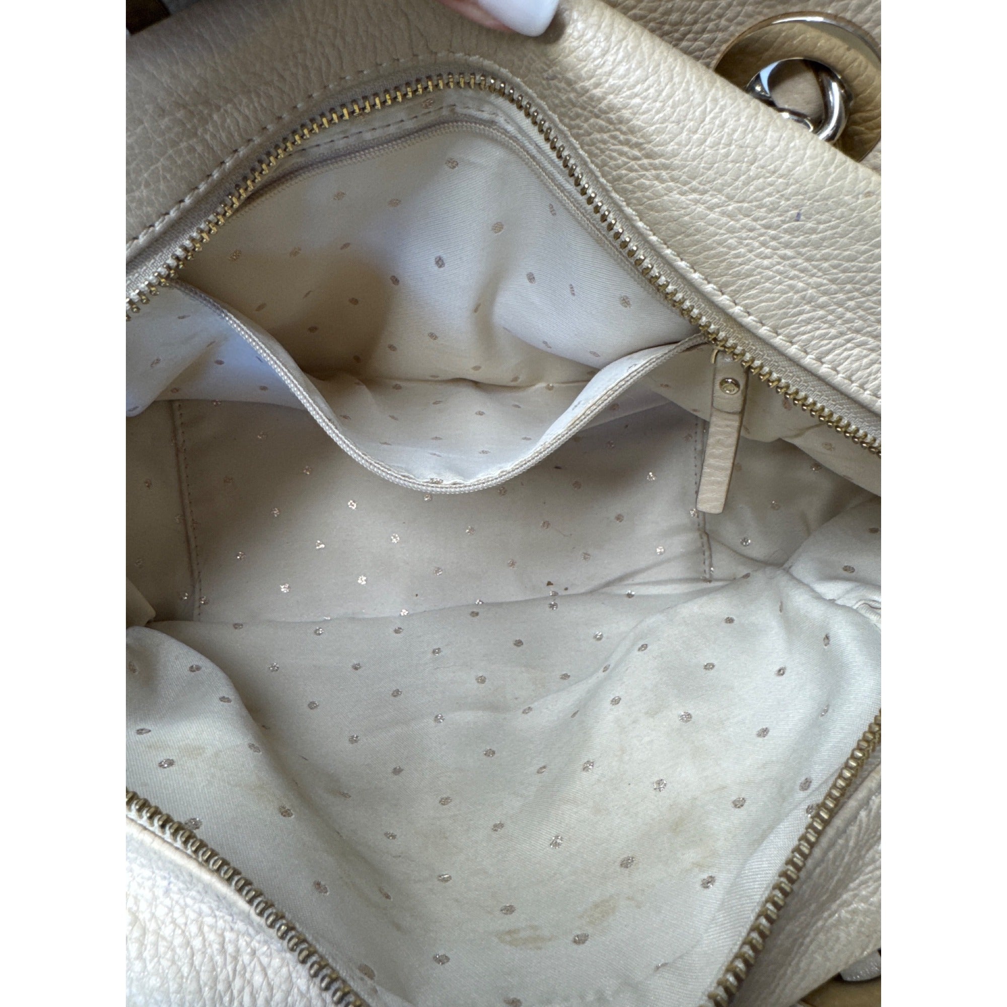 Kate Spade Quilted Beige Leather Shoulder Bag With Chain Straps & Red Scarf Accent - Chic & Functional Everyday Handbag