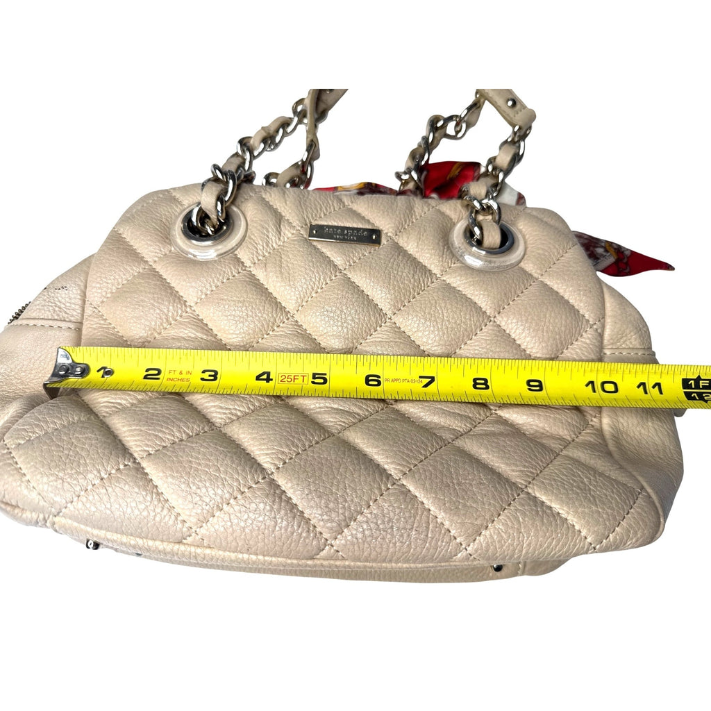 Kate Spade Quilted Beige Leather Shoulder Bag With Chain Straps & Red Scarf Accent - Chic & Functional Everyday Handbag