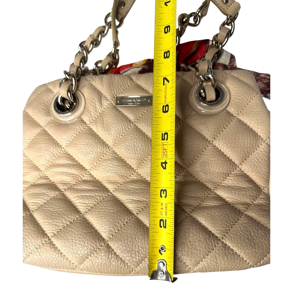 Kate Spade Quilted Beige Leather Shoulder Bag With Chain Straps & Red Scarf Accent - Chic & Functional Everyday Handbag