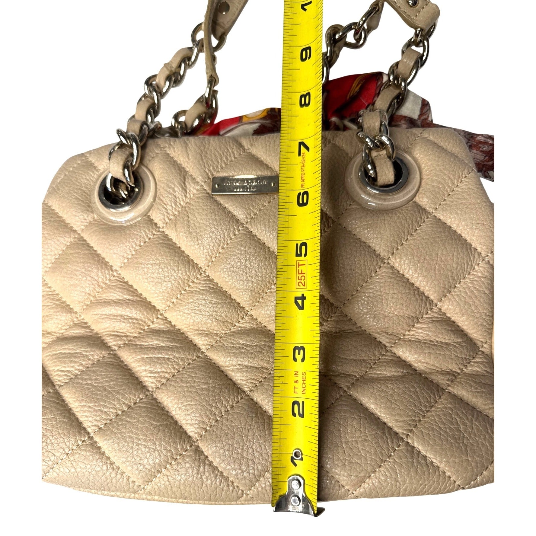 Kate Spade Quilted Beige Leather Shoulder Bag With Chain Straps & Red Scarf Accent - Chic & Functional Everyday Handbag