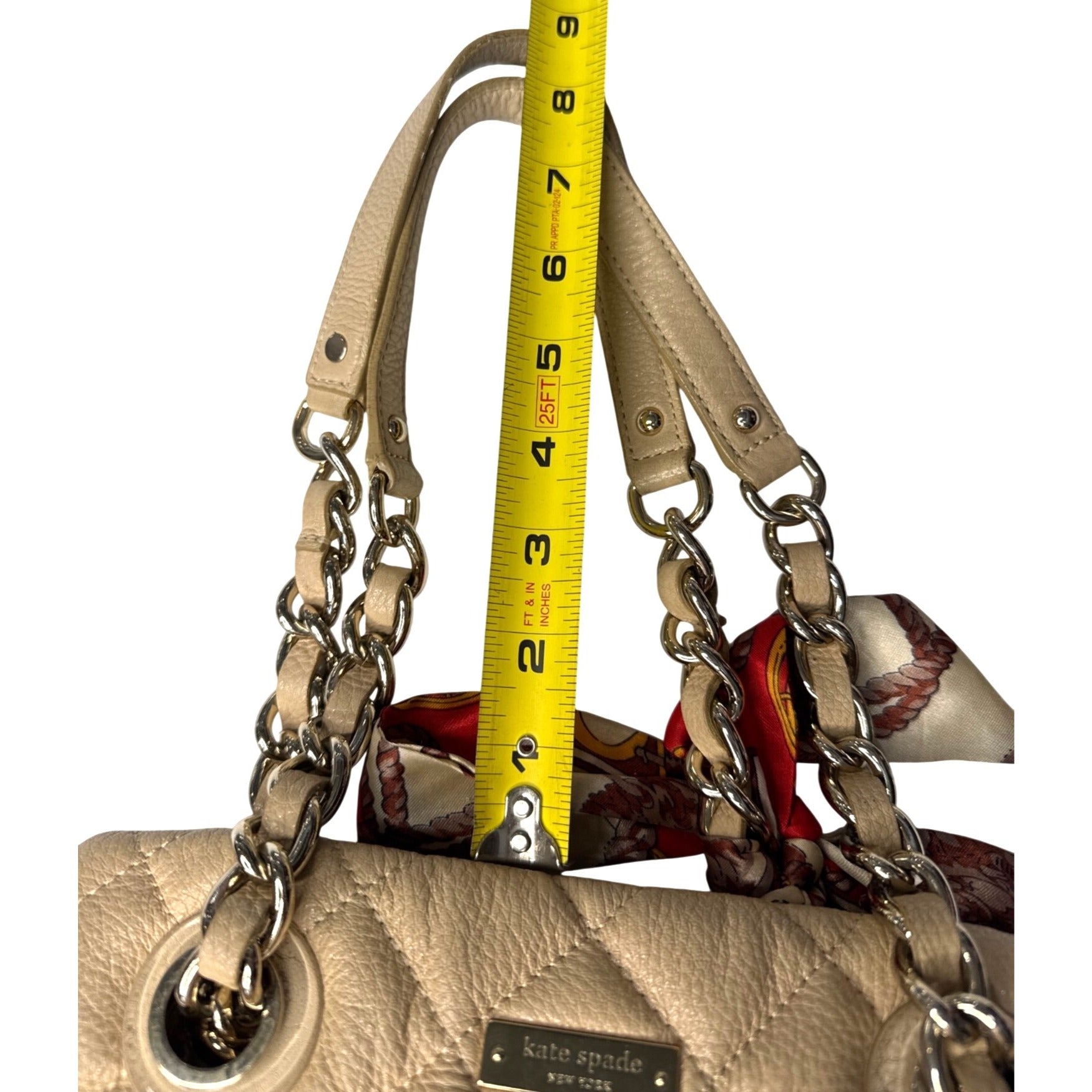 Kate Spade Quilted Beige Leather Shoulder Bag With Chain Straps & Red Scarf Accent - Chic & Functional Everyday Handbag