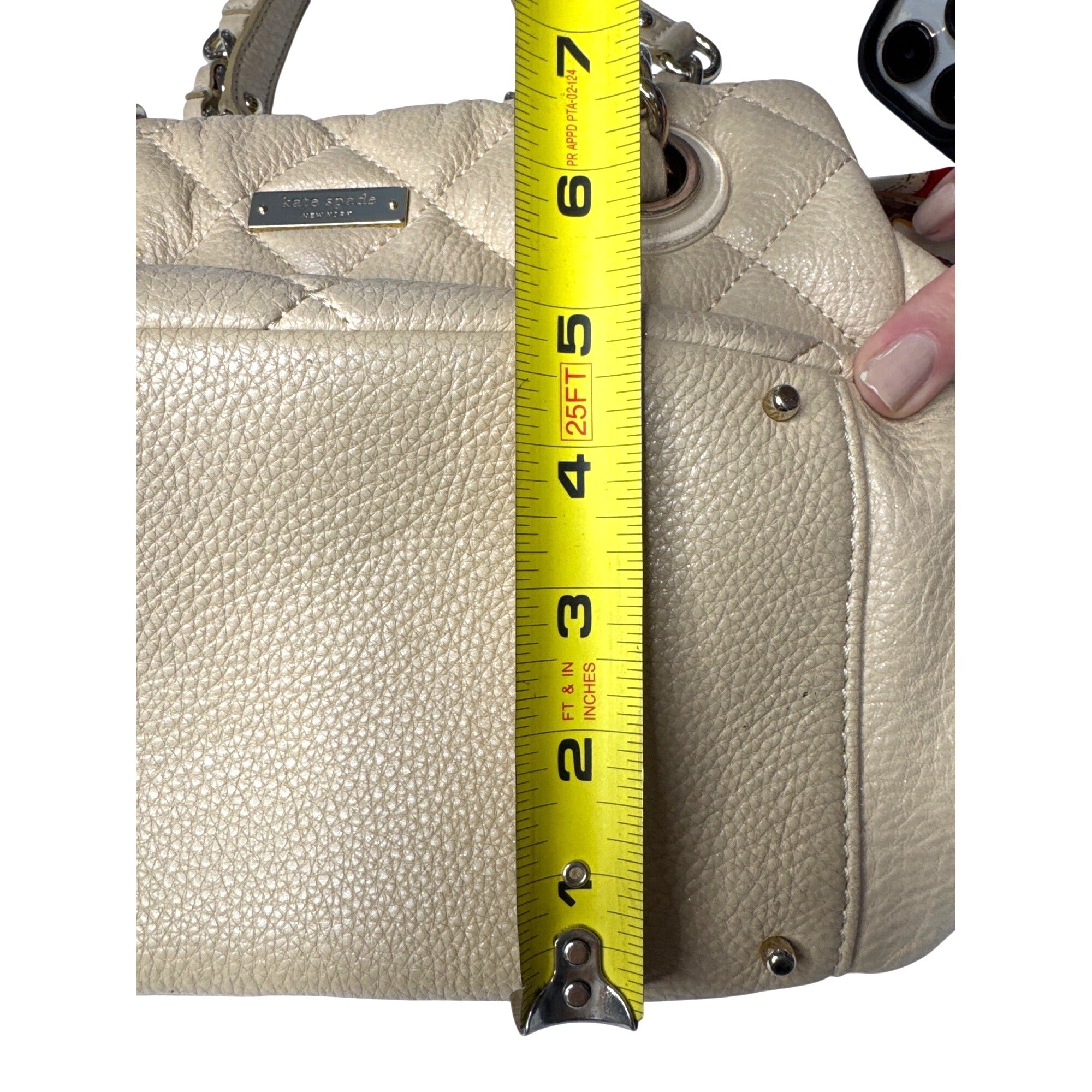 Kate Spade Quilted Beige Leather Shoulder Bag With Chain Straps & Red Scarf Accent - Chic & Functional Everyday Handbag