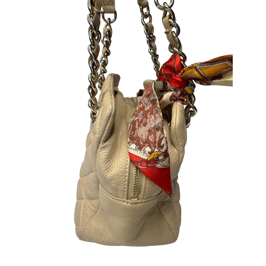 Kate Spade Quilted Beige Leather Shoulder Bag With Chain Straps & Red Scarf Accent - Chic & Functional Everyday Handbag