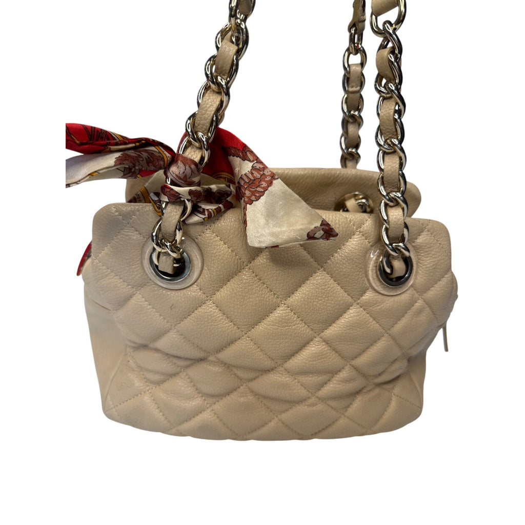 Kate Spade Quilted Beige Leather Shoulder Bag With Chain Straps & Red Scarf Accent - Chic & Functional Everyday Handbag