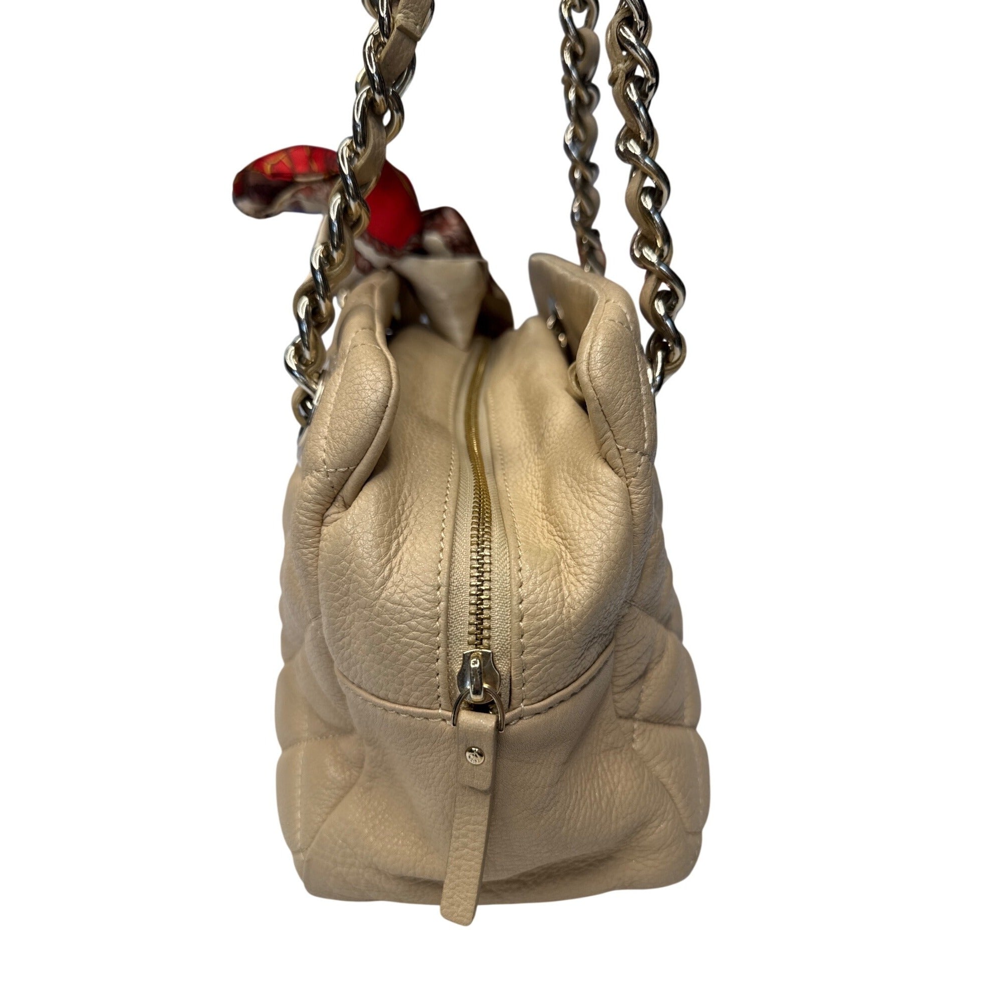 Kate Spade Quilted Beige Leather Shoulder Bag With Chain Straps & Red Scarf Accent - Chic & Functional Everyday Handbag