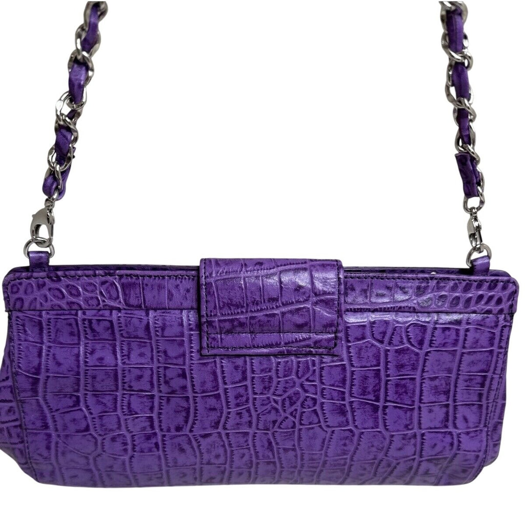 Judith Ripka Purple Croc Embossed Faux Leather Chain Strap Clutch Bag
