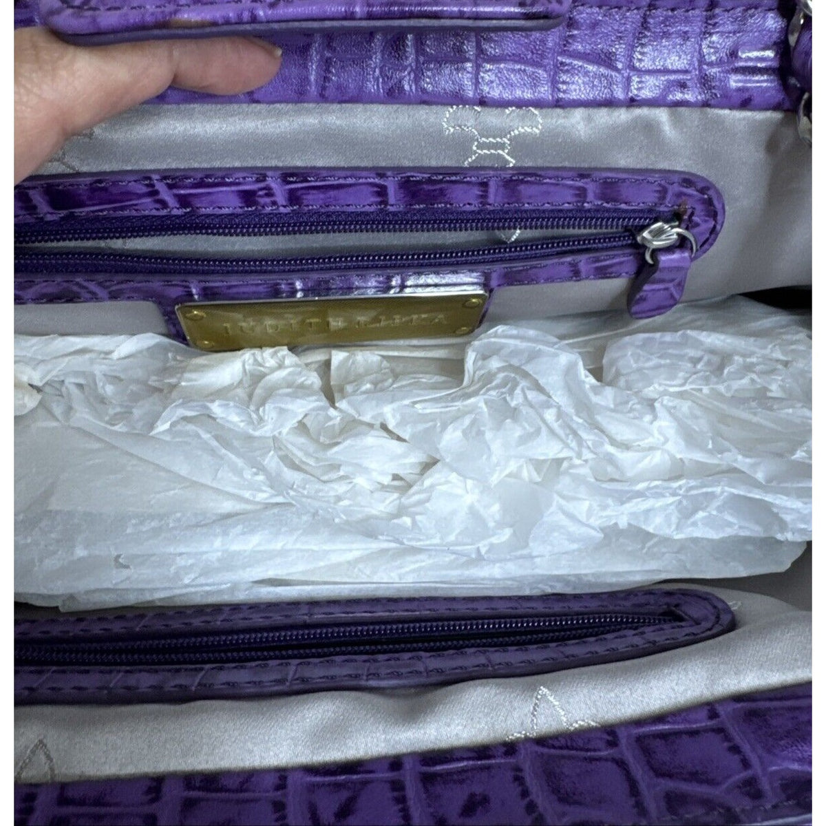 Judith Ripka Purple Croc Embossed Faux Leather Chain Strap Clutch Bag