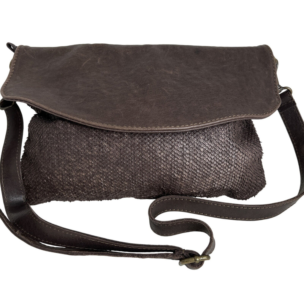 Angellotti Genuine Leather Brown Crossbody Bag Textured Accents & Adjustable