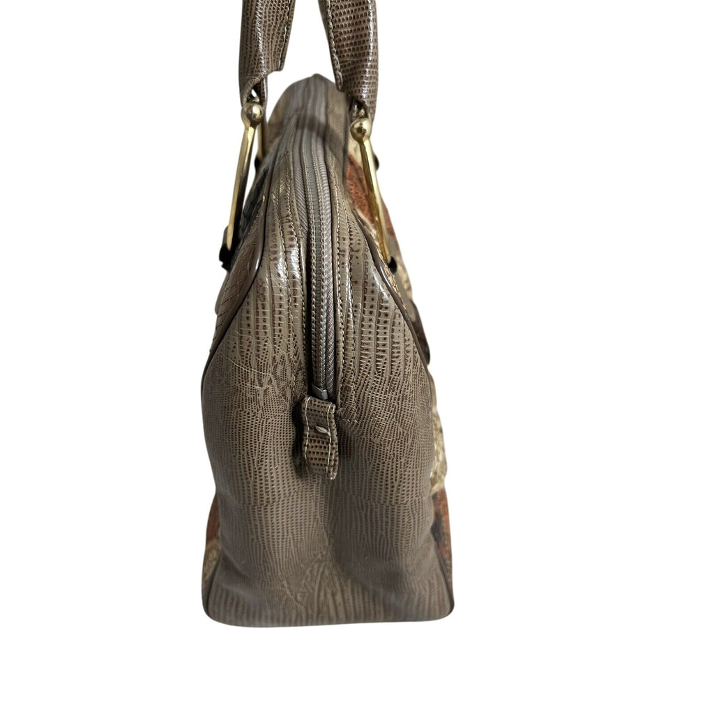 Vintage Supreme Patchwork Snakeskin Handbag W/Gold-Tone Handles & Zipper Closure