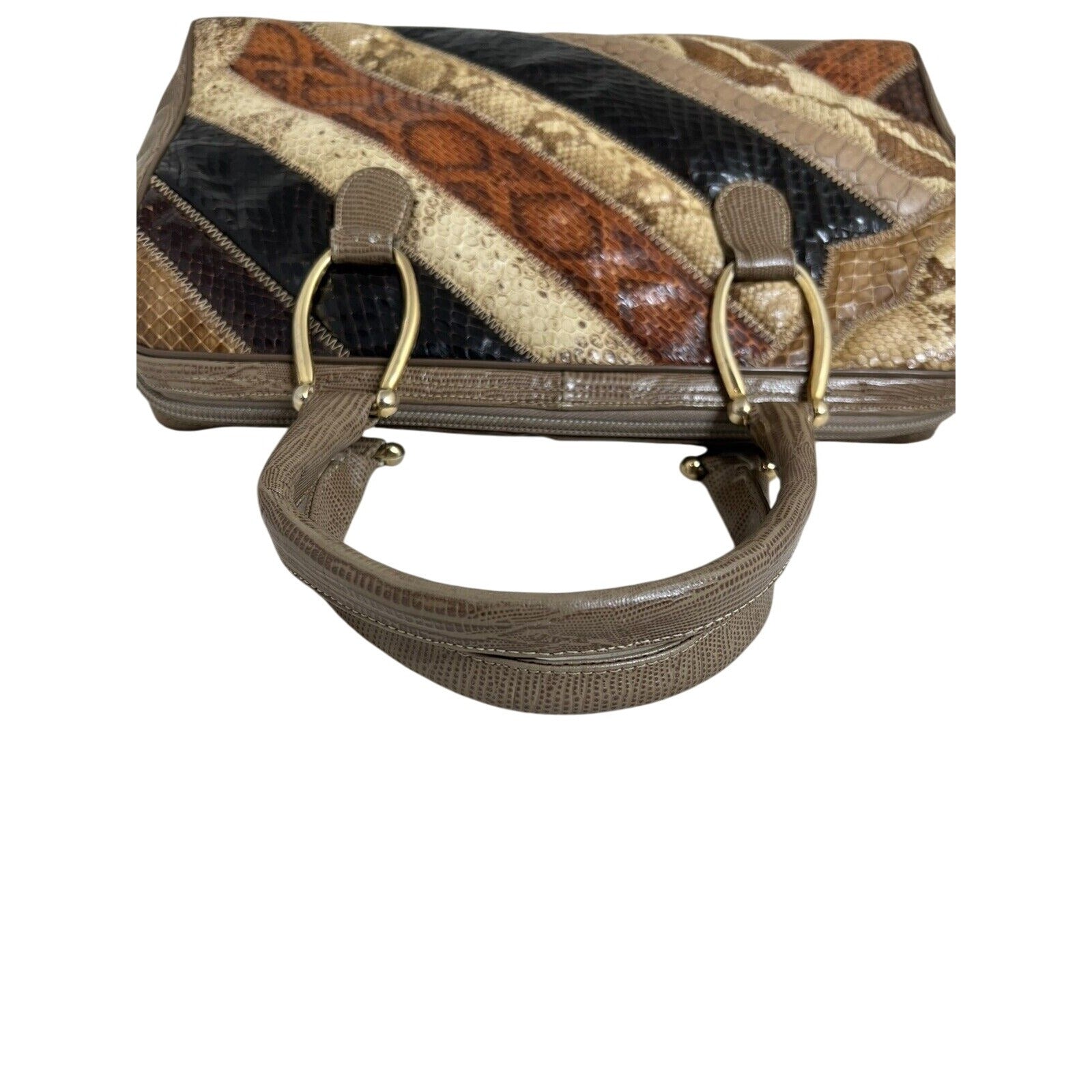 Vintage Supreme Patchwork Snakeskin Handbag W/Gold-Tone Handles & Zipper Closure