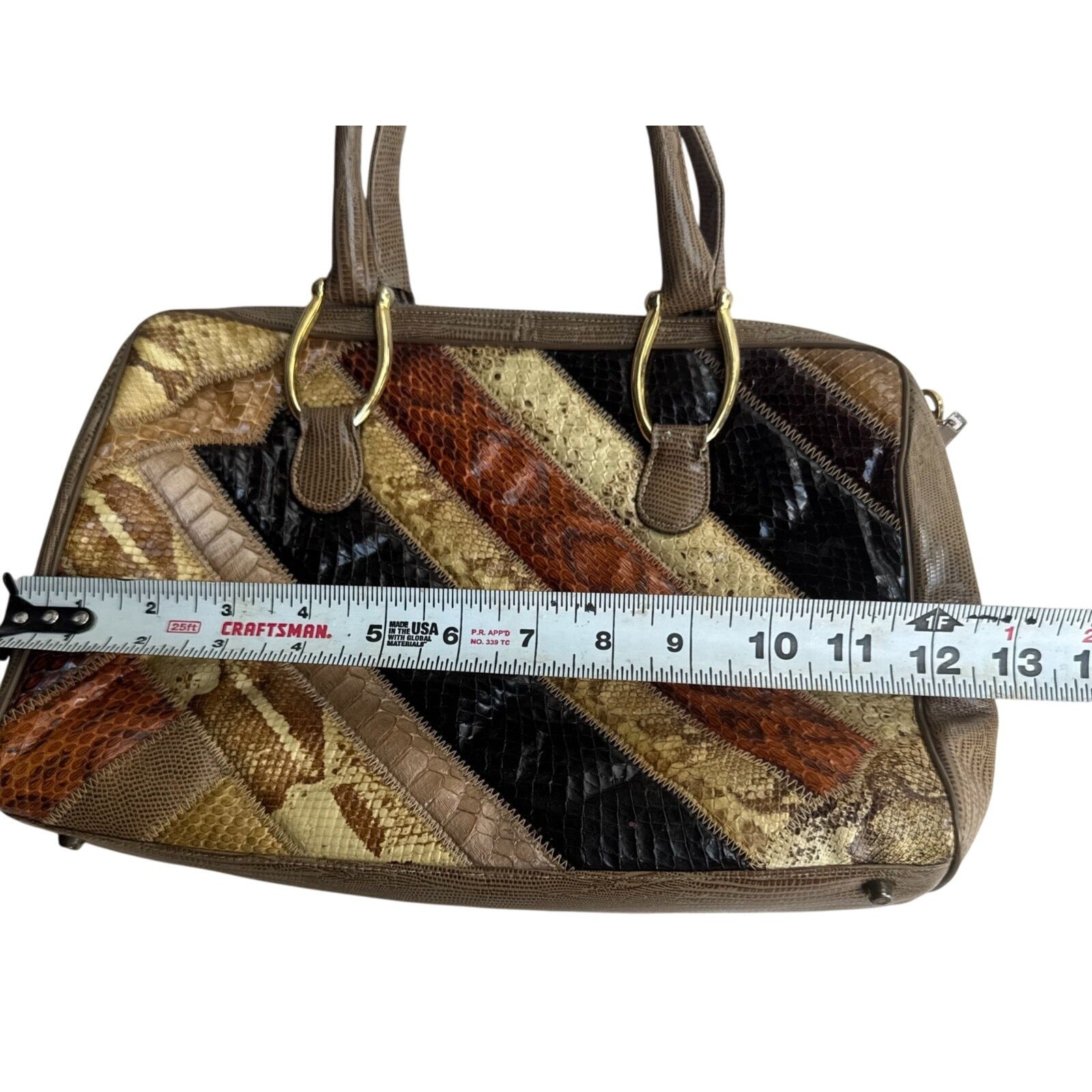 Vintage Supreme Patchwork Snakeskin Handbag W/Gold-Tone Handles & Zipper Closure