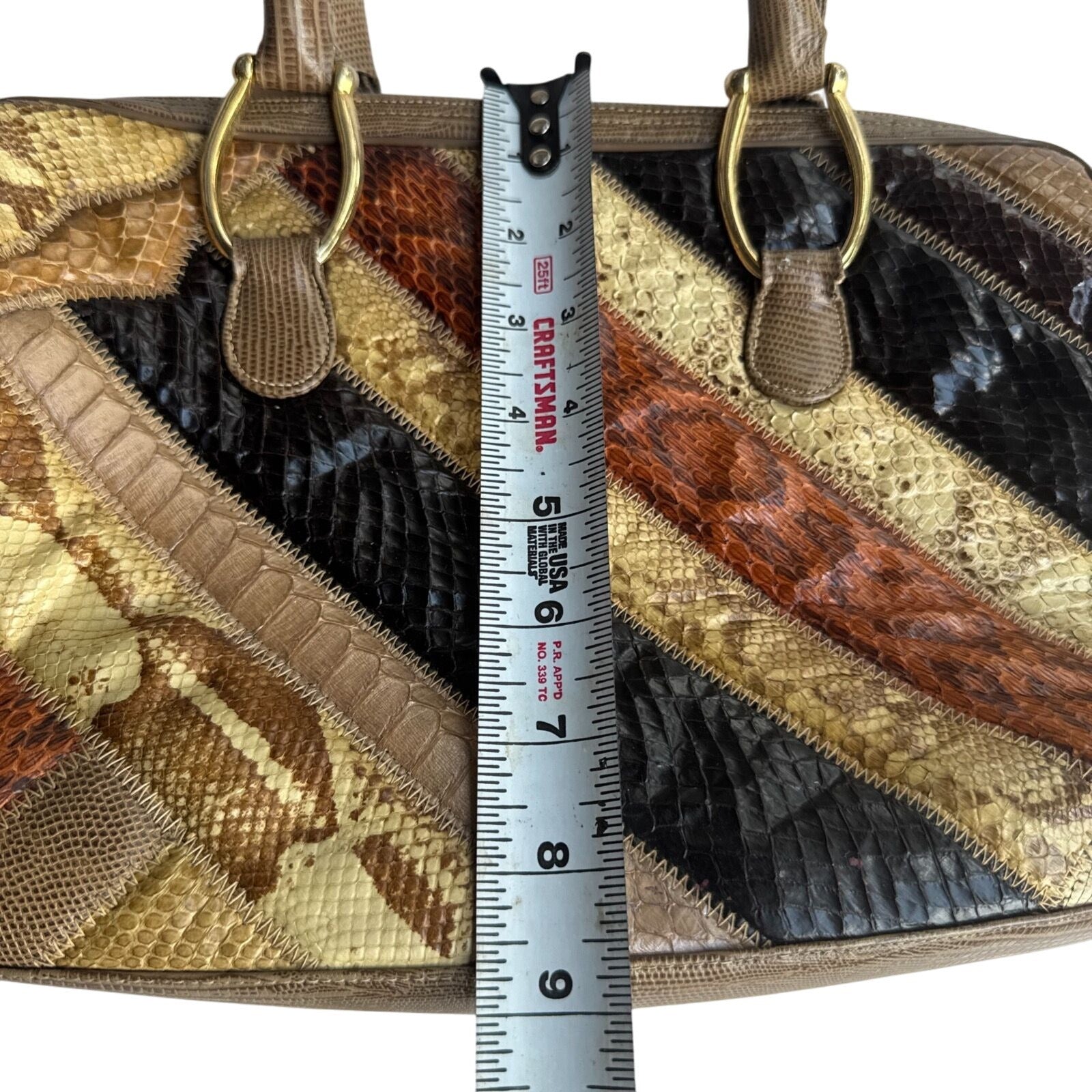 Vintage Supreme Patchwork Snakeskin Handbag W/Gold-Tone Handles & Zipper Closure