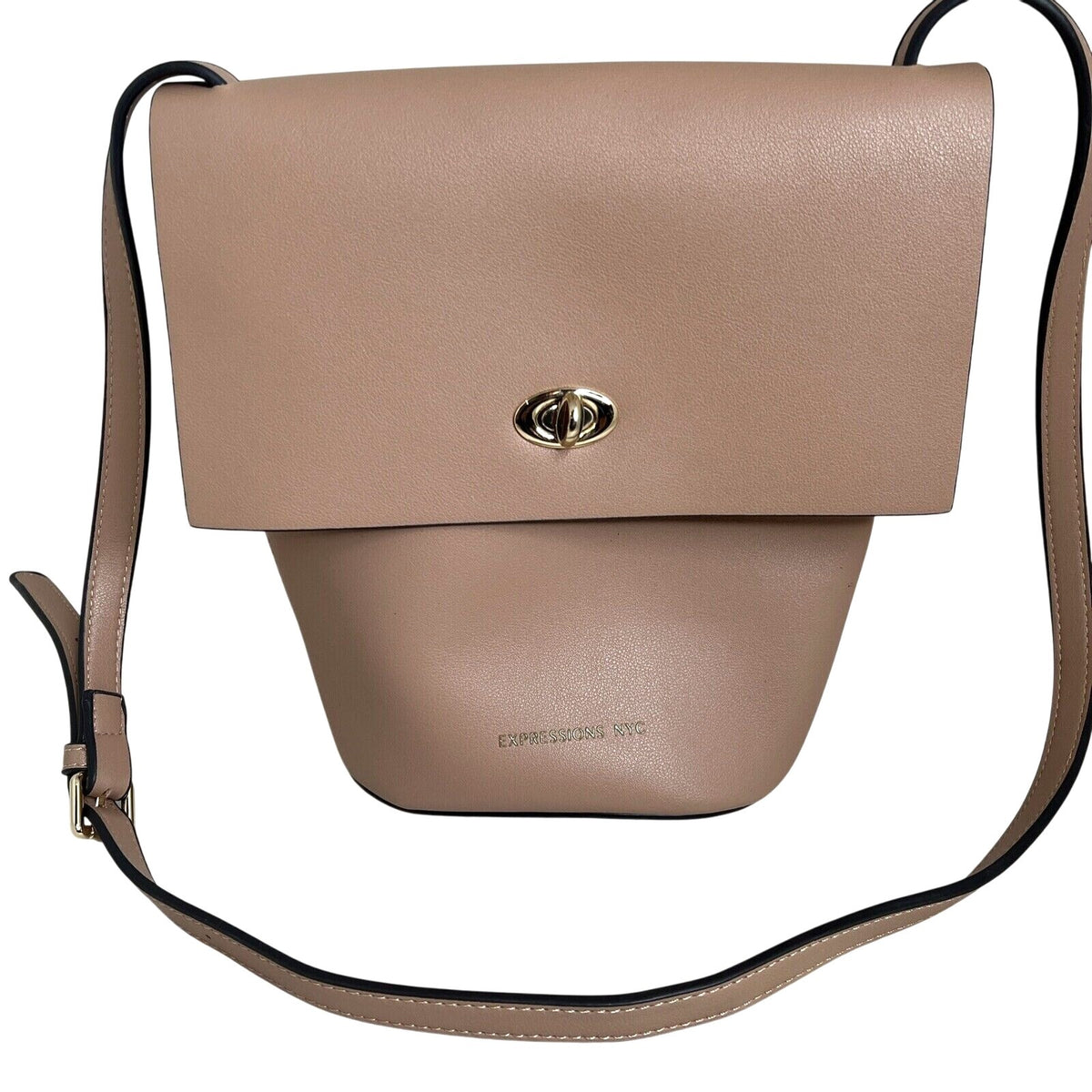 Expressions NYC Beige Faux Leather Crossbody Bag Adjustable Strap Gold-Tone