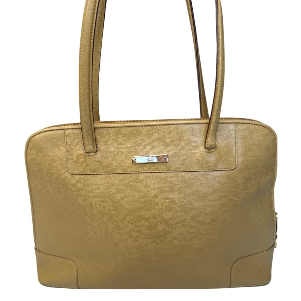 Gucci Beige Leather Tote Bag With Double Handles & Zipper Closure