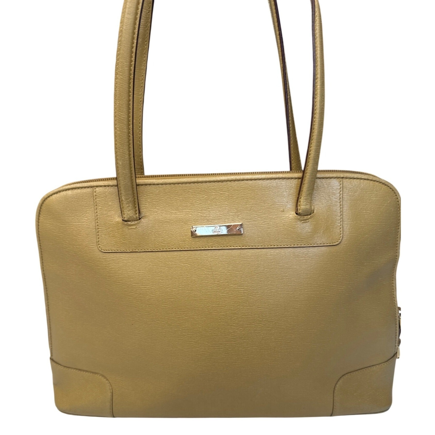 Gucci Beige Leather Tote Bag With Double Handles & Zipper Closure