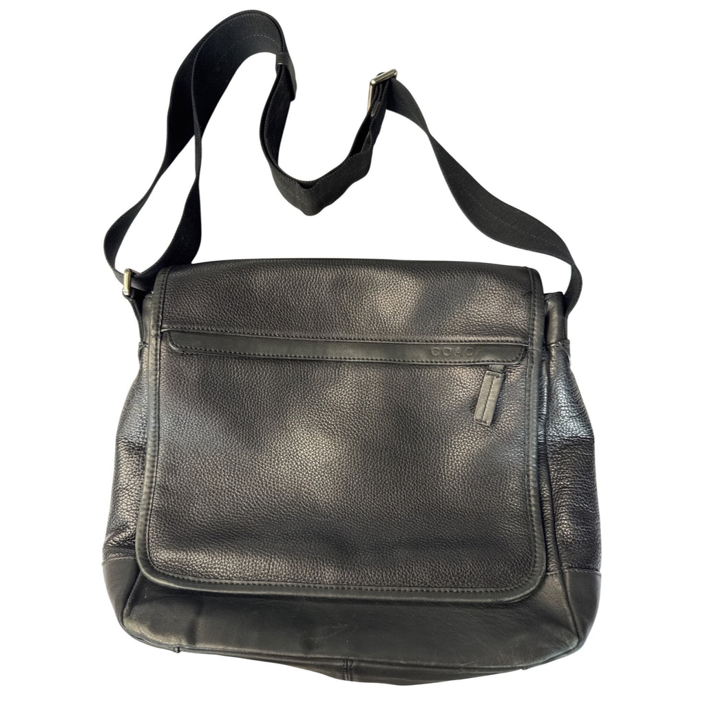 Coach Black Leather Messenger Bag With Adjustable Strap & Zip Pocket