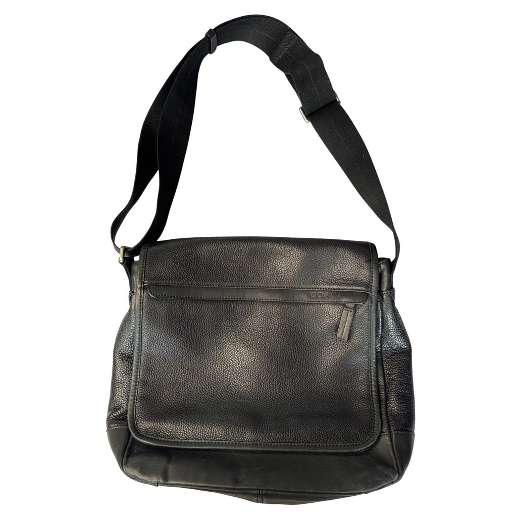Coach Black Leather Messenger Bag With Adjustable Strap & Zip Pocket