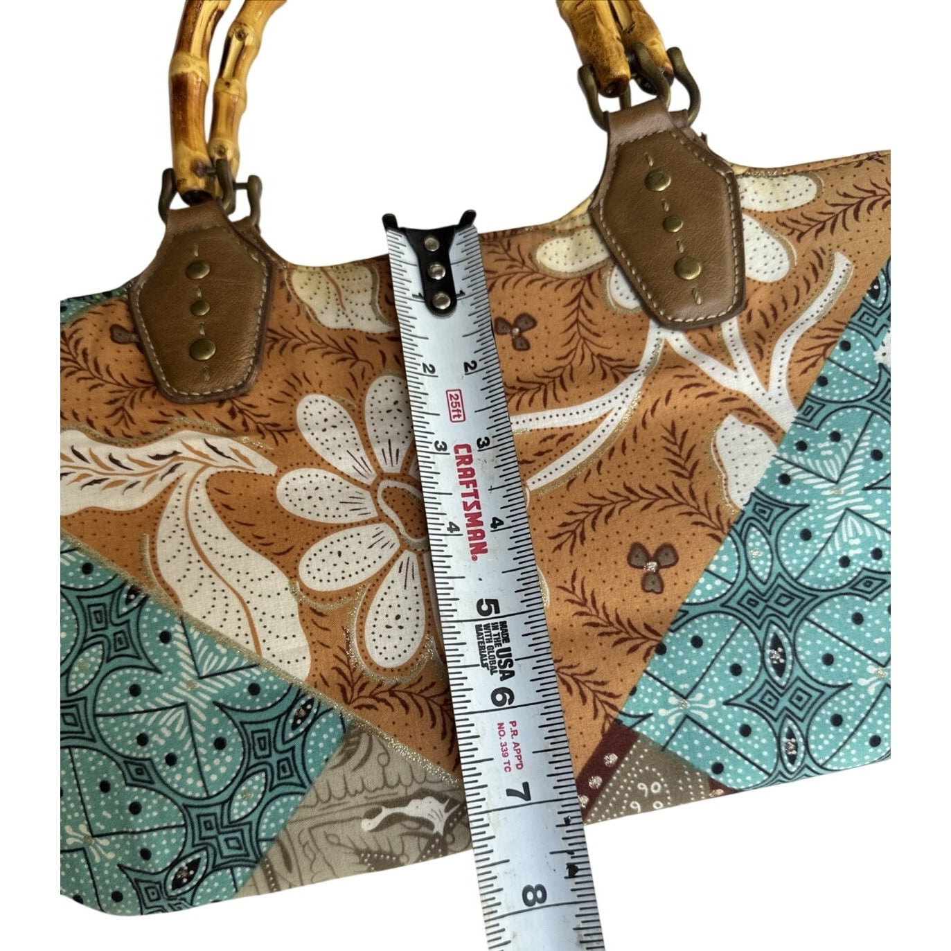 Relic Boho Patchwork Handbag With Bamboo Handles & Leather Accents Retro Style