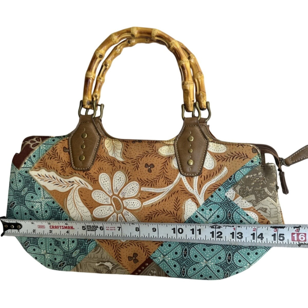 Relic Boho Patchwork Handbag With Bamboo Handles & Leather Accents Retro Style