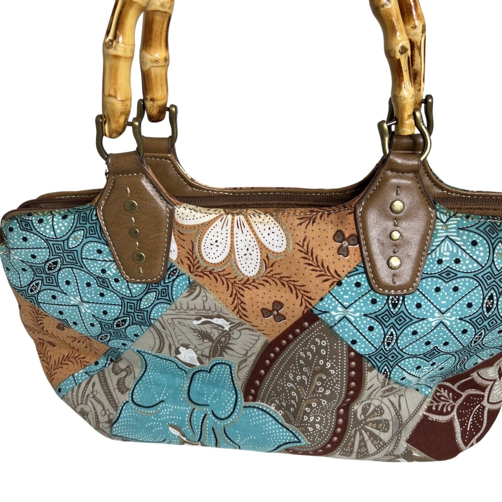 Relic Boho Patchwork Handbag With Bamboo Handles & Leather Accents Retro Style