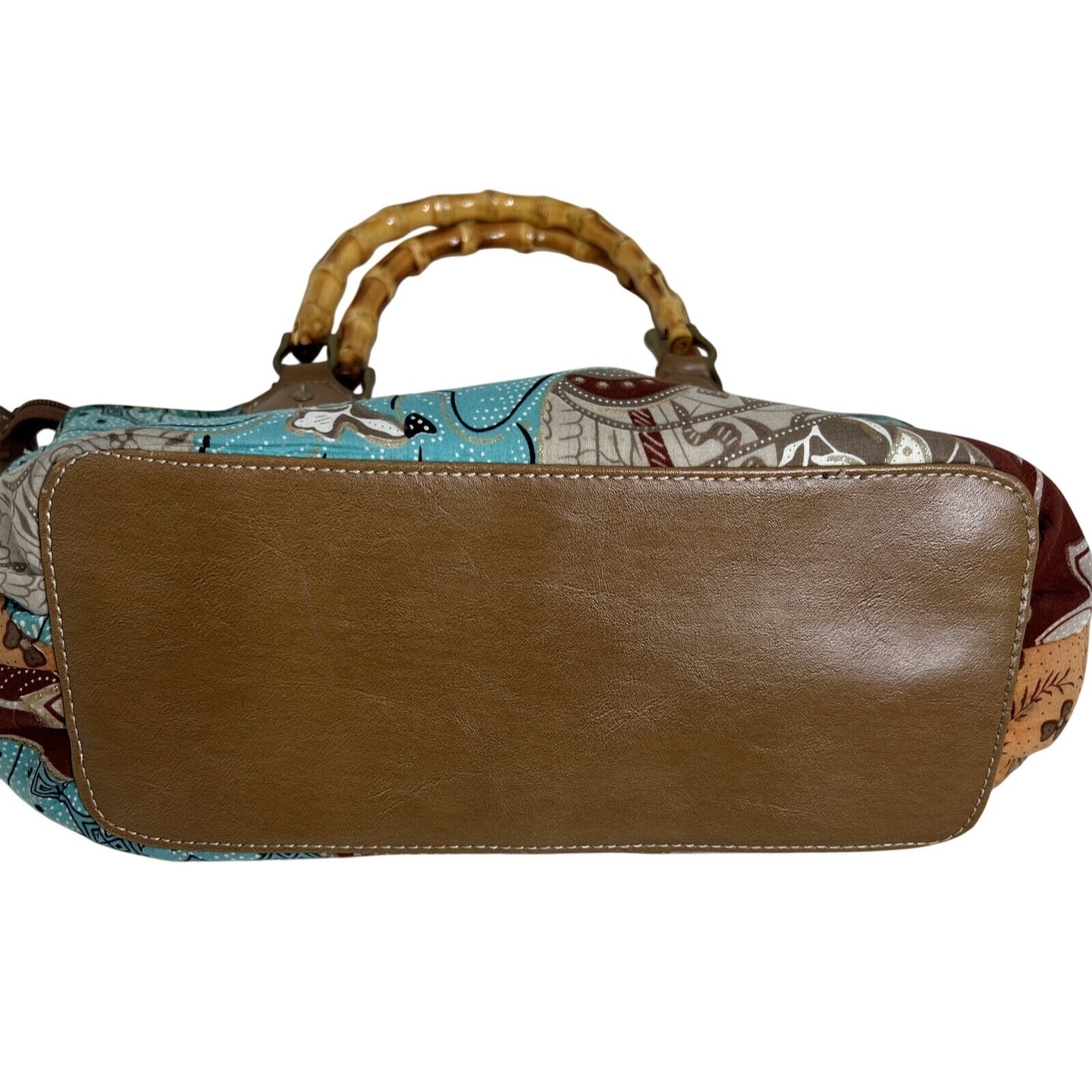 Relic Boho Patchwork Handbag With Bamboo Handles & Leather Accents Retro Style