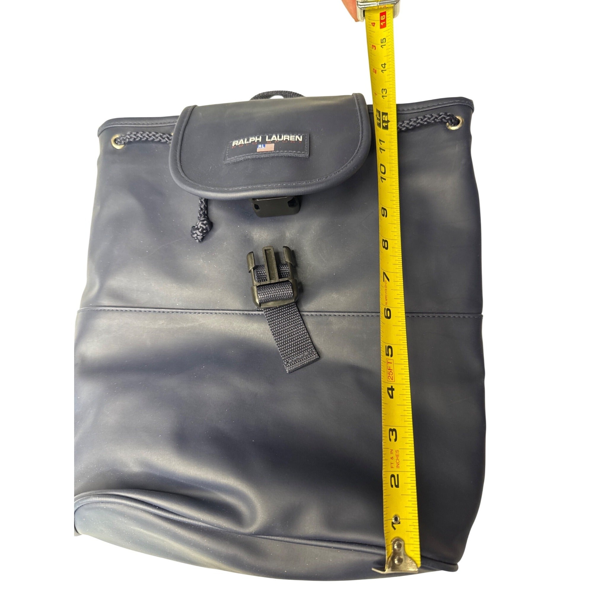 Ralph Lauren Navy Blue Mini Backpack With Adjustable Straps Drawstring Closure & Front Buckle For Everyday Use Or Travel