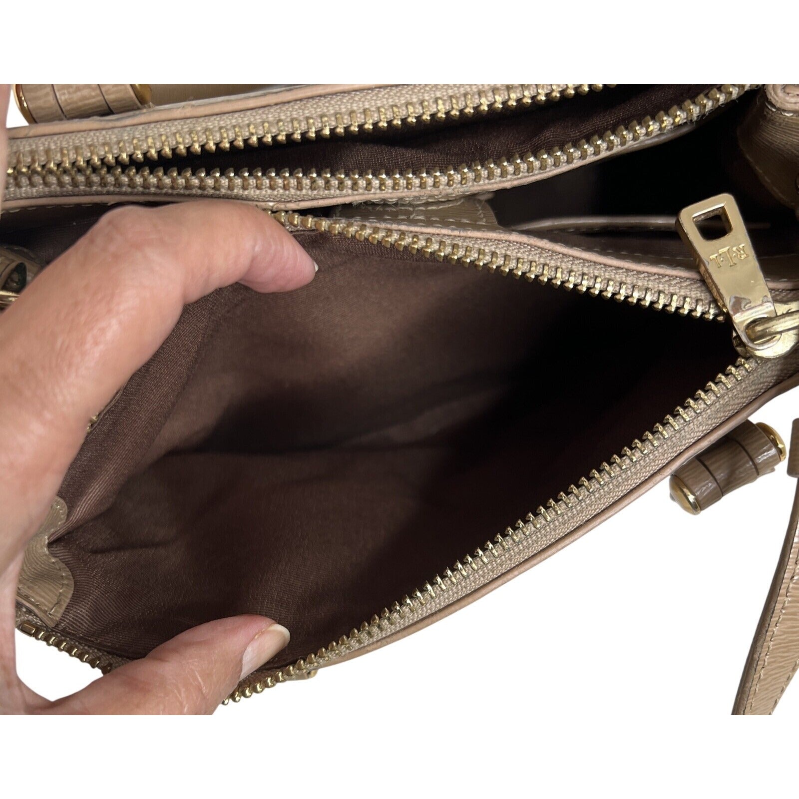 Ralph Lauren Beige Faux Leather Crossbody Bag With Dual-Zip Compartments