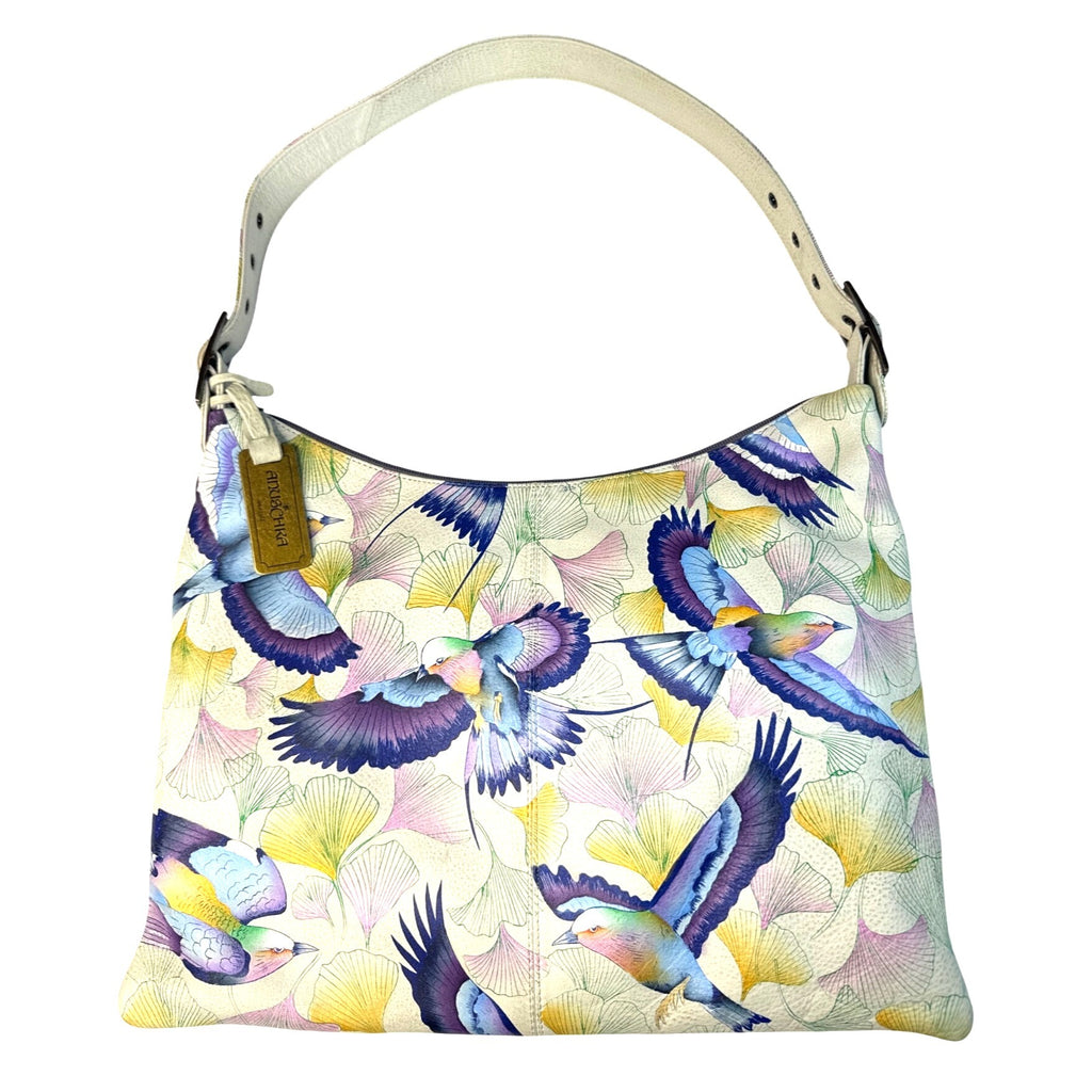 Anushka Hand-Painted Leather Hobo Bag With Adjustable Strap & Bird Design