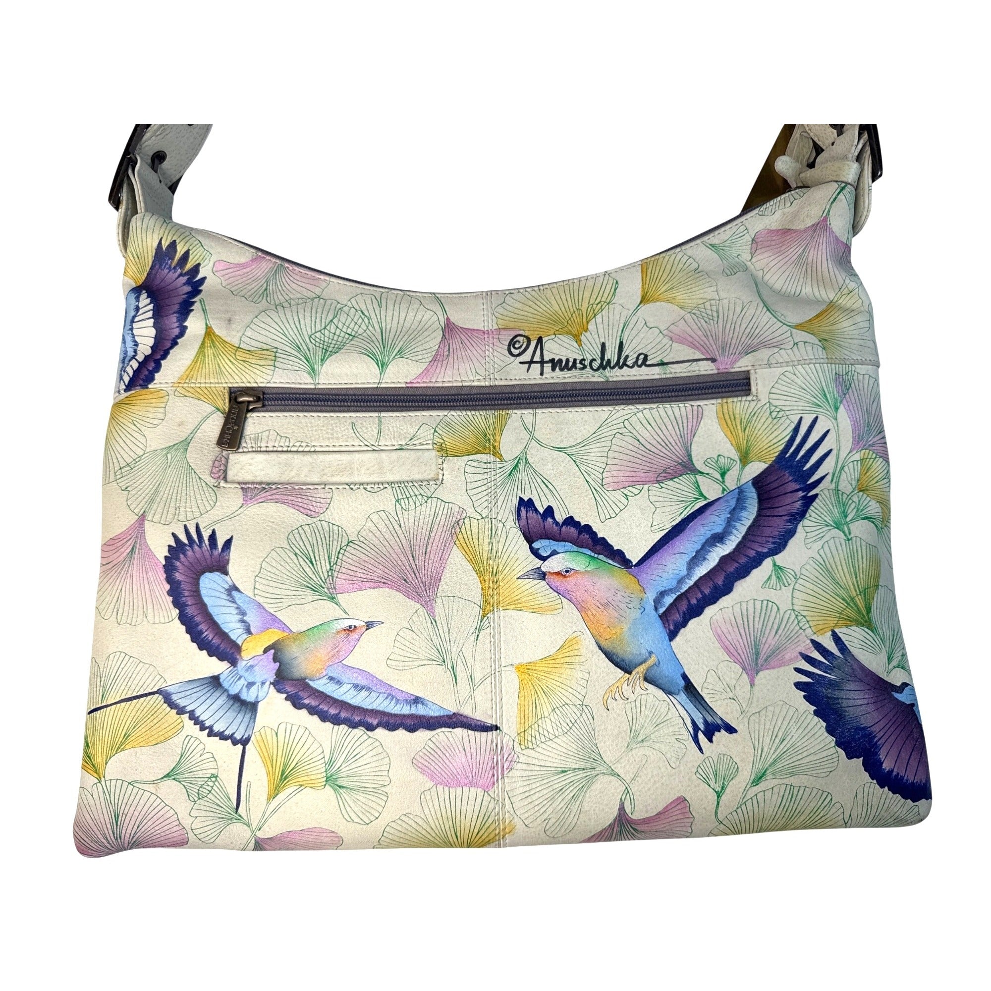 Anushka Hand-Painted Leather Hobo Bag With Adjustable Strap & Bird Design
