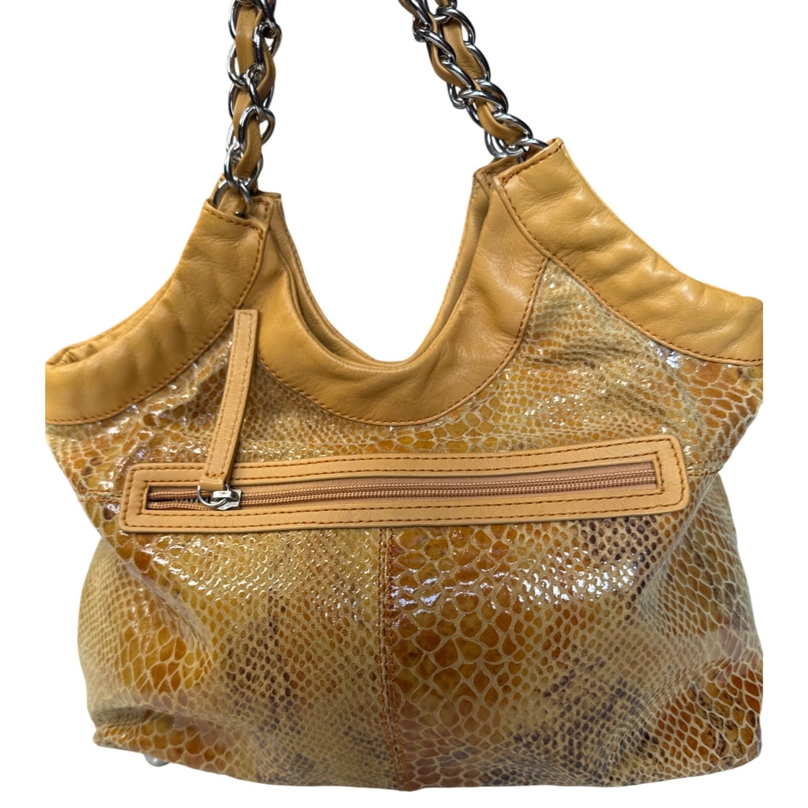 Adrienne Vittadini Yellow Faux Snakeskin Leather Tote Bag W/ Chain-Strap