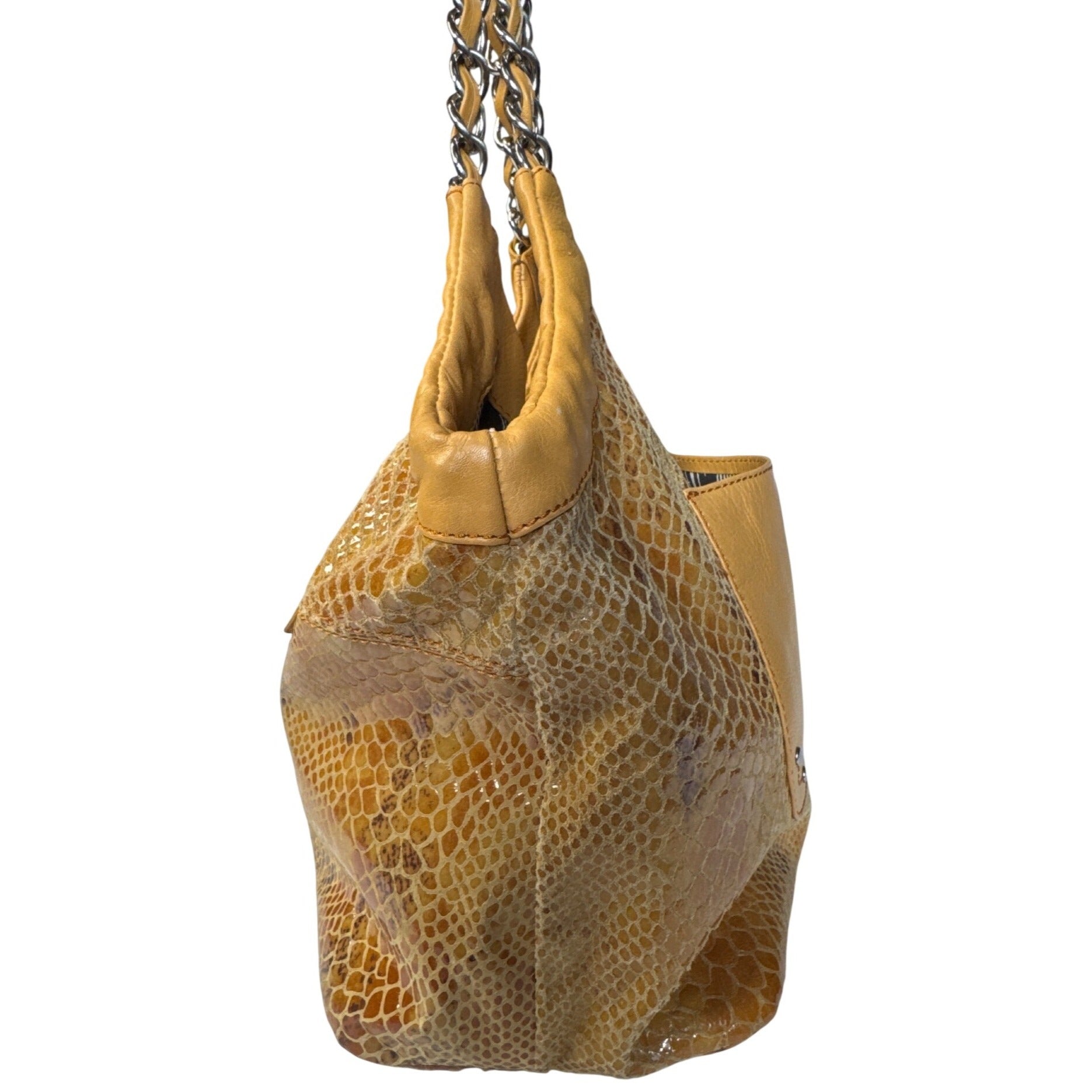 Adrienne Vittadini Yellow Faux Snakeskin Leather Tote Bag W/ Chain-Strap