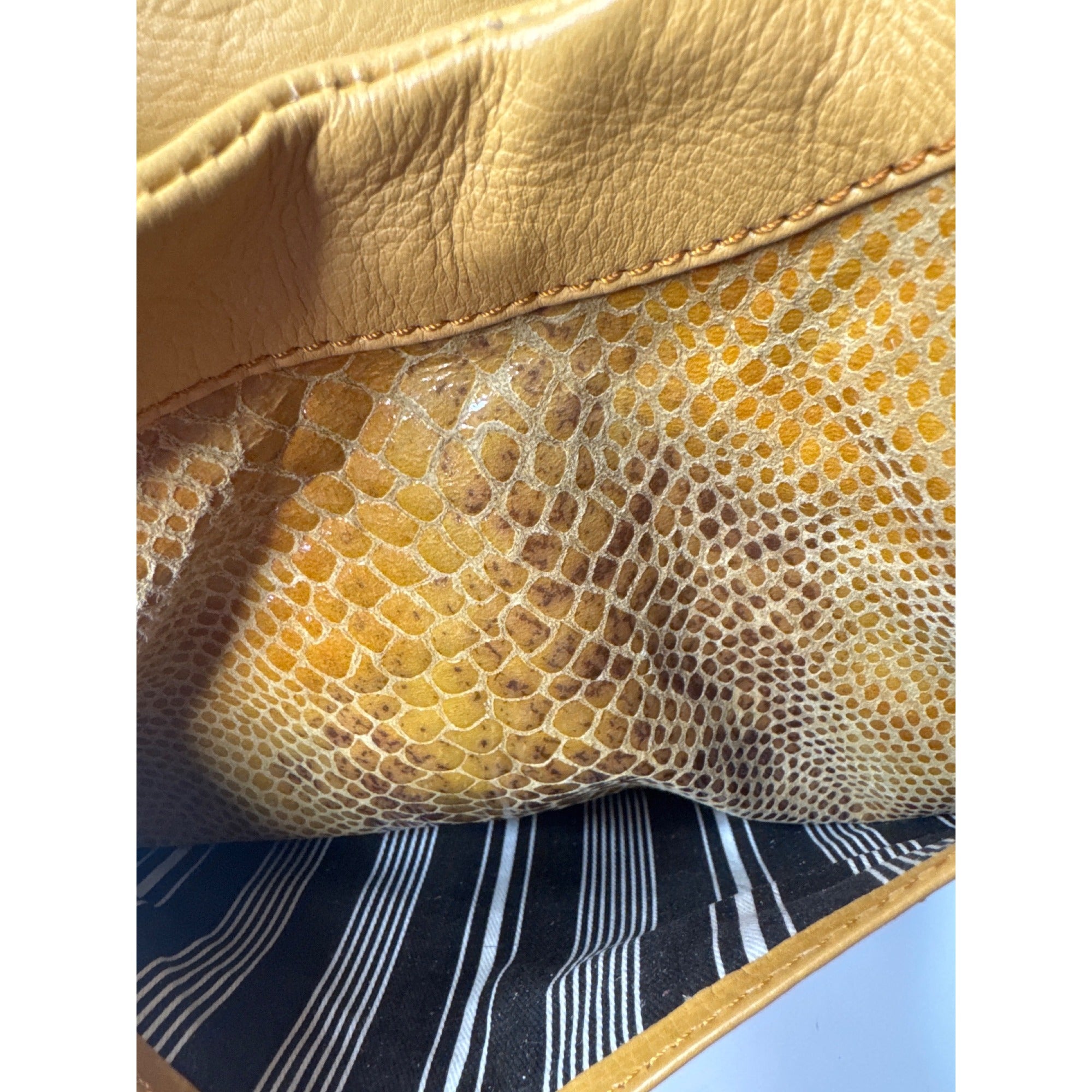 Adrienne Vittadini Yellow Faux Snakeskin Leather Tote Bag W/ Chain-Strap
