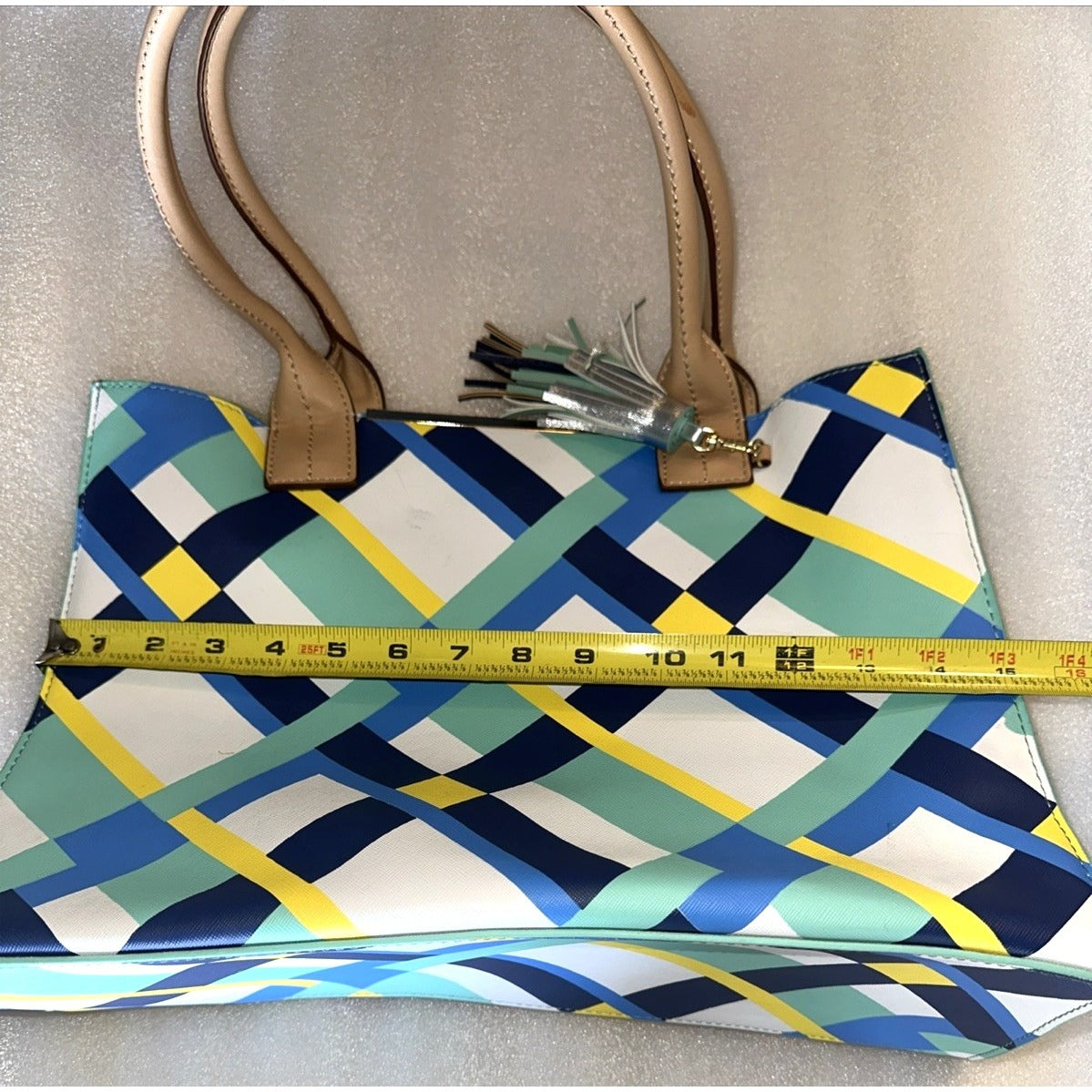 Kate Landry Multicolor Geometric Tote Bag With Tassel Accent & Dual Handles