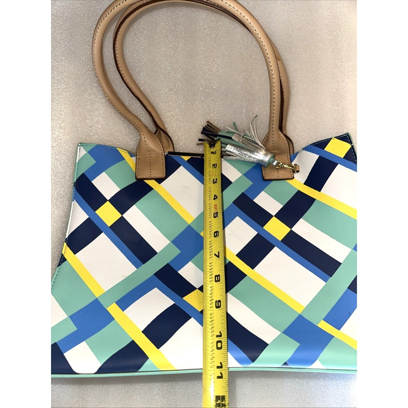 Kate Landry Multicolor Geometric Tote Bag With Tassel Accent & Dual Handles