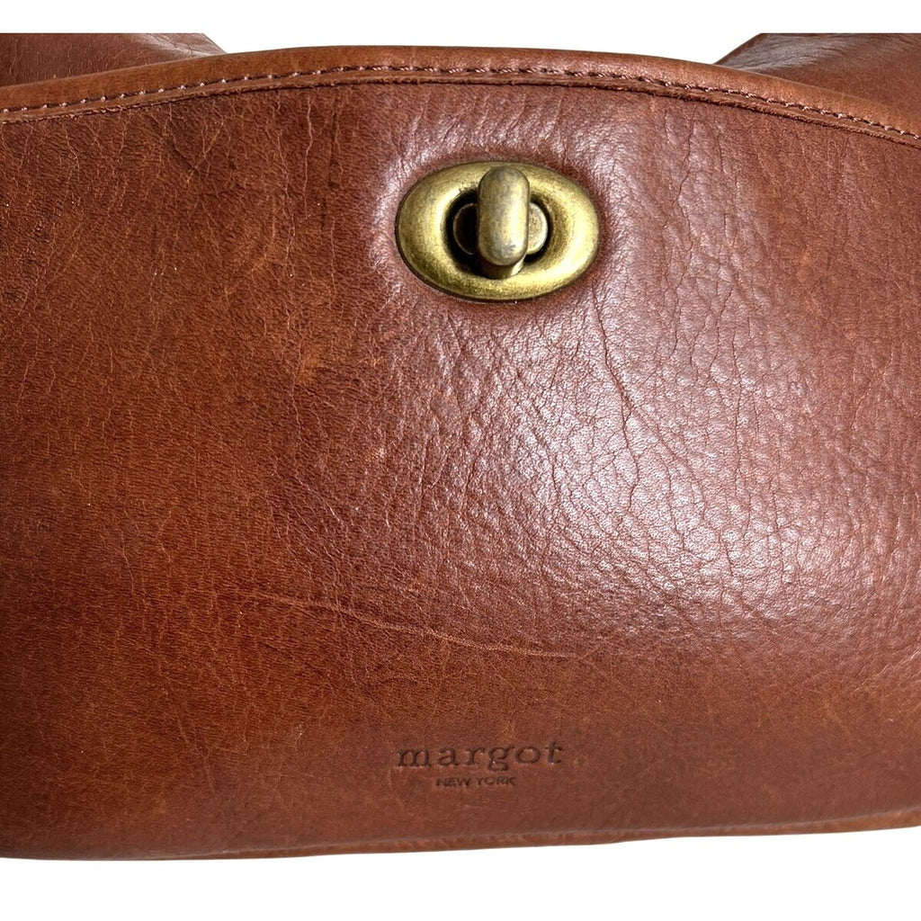 Margot New York Brown Leather Shoulder Bag With Brass Accents