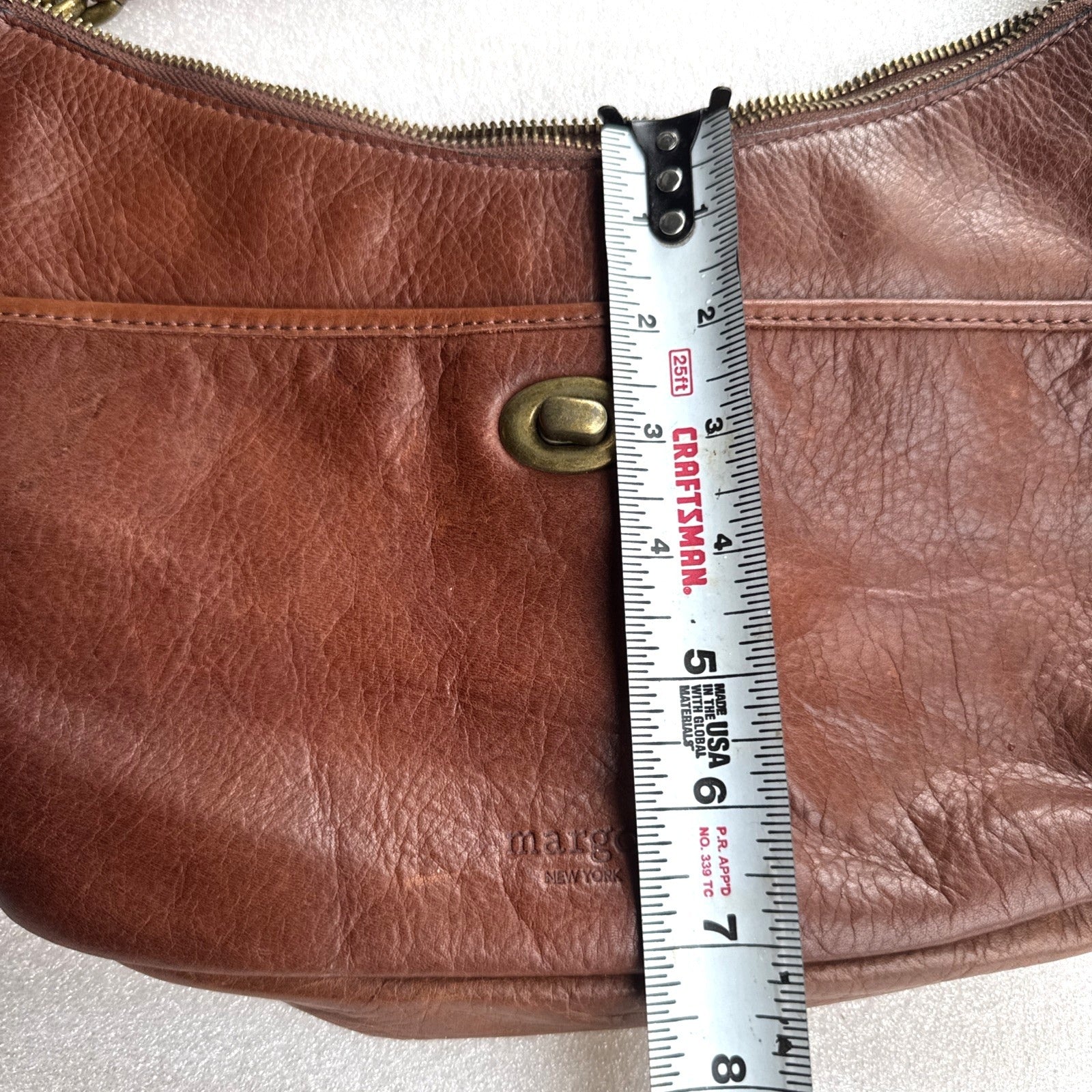 Margot New York Brown Leather Shoulder Bag With Brass Accents