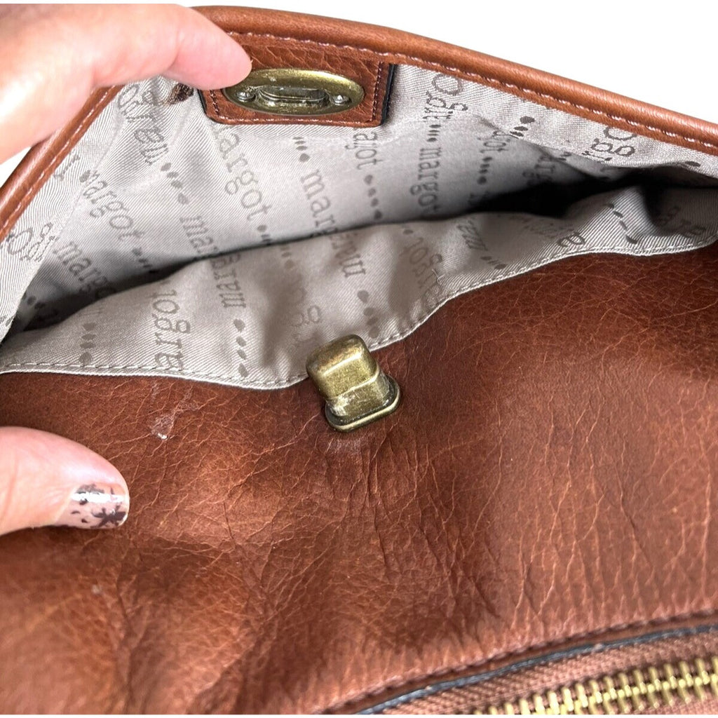 Margot New York Brown Leather Shoulder Bag With Brass Accents