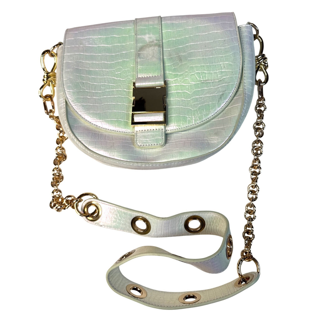 Sharif Iridescent Croc-Embossed Crossbody Bag With Gold Hardware & Red Interior