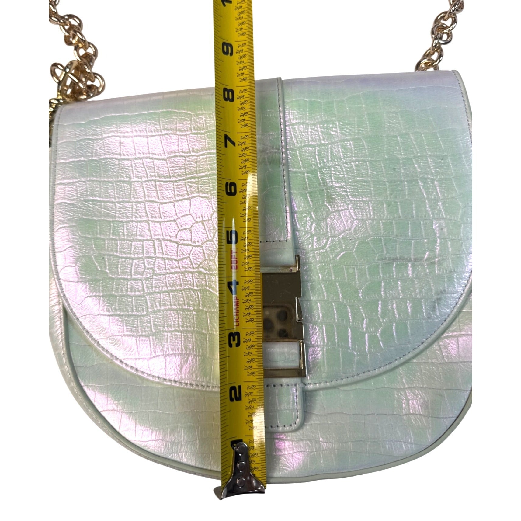 Sharif Iridescent Croc-Embossed Crossbody Bag With Gold Hardware & Red Interior