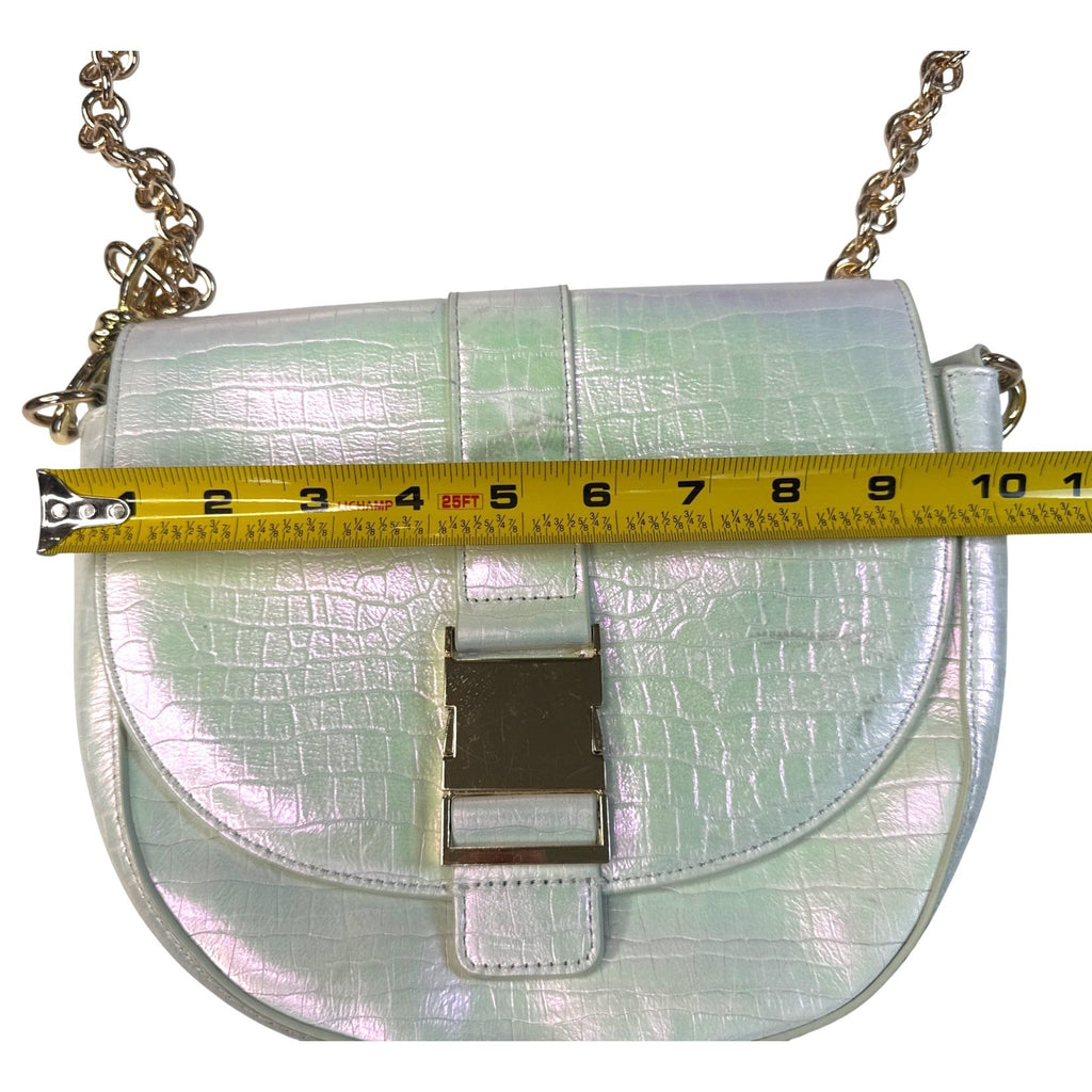 Sharif Iridescent Croc-Embossed Crossbody Bag With Gold Hardware & Red Interior