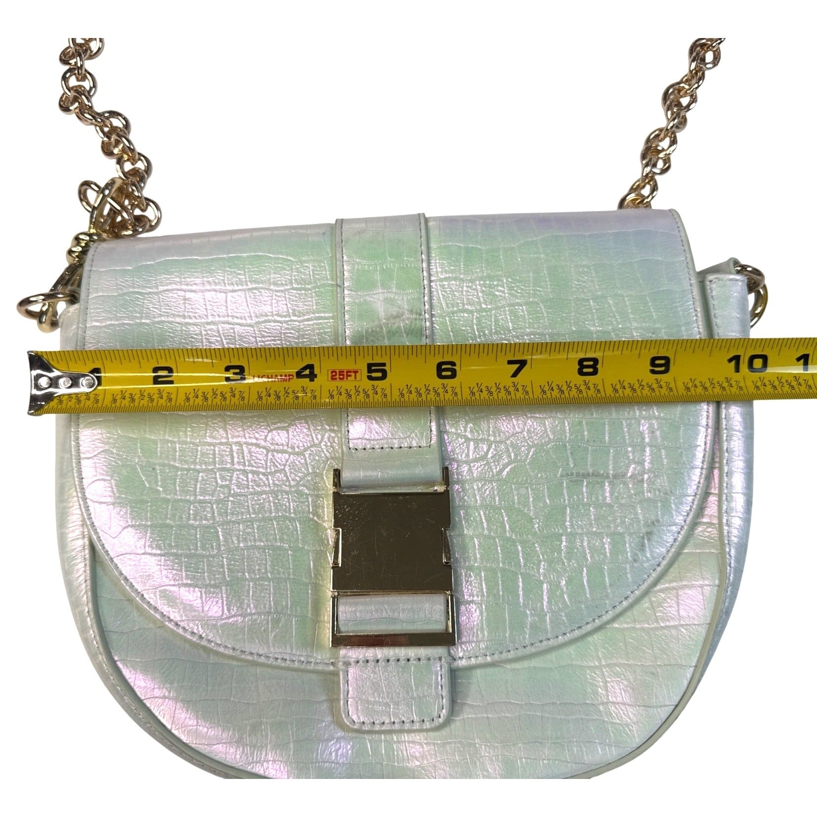Sharif Iridescent Croc-Embossed Crossbody Bag With Gold Hardware & Red Interior