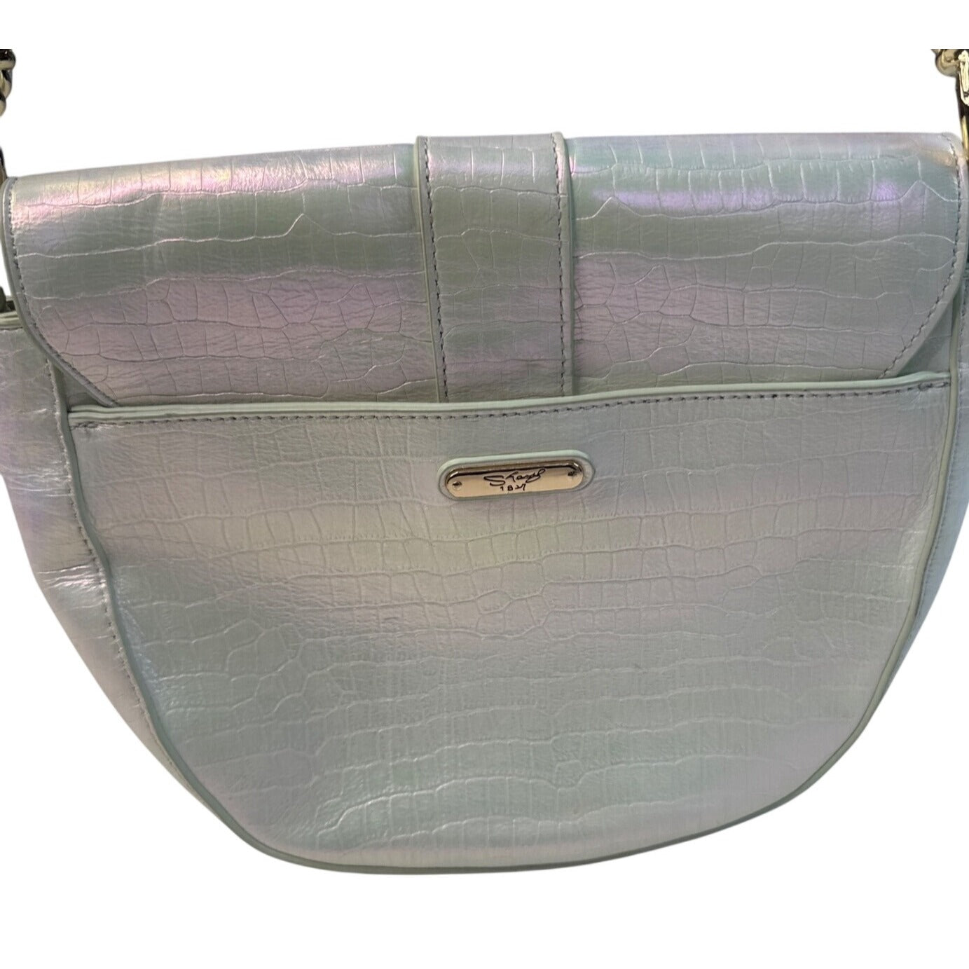 Sharif Iridescent Croc-Embossed Crossbody Bag With Gold Hardware & Red Interior