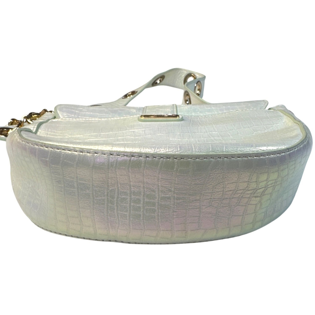 Sharif Iridescent Croc-Embossed Crossbody Bag With Gold Hardware & Red Interior